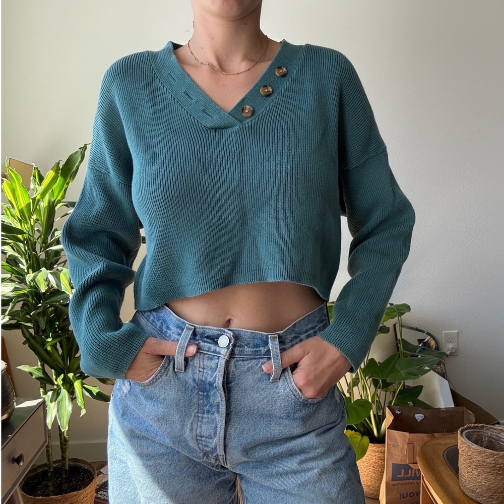 Kendall & Kylie Teal Ribbed Cotton Cropped Henley Sweater XS Asymmetric Buttons